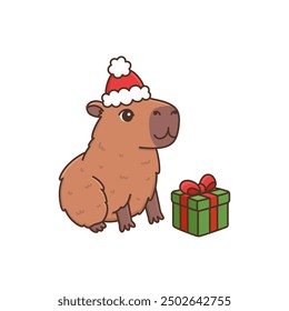 Lindo capibara con regalo en sombrero de Santa. Nuevo año de dibujos animados roedor divertido. Navidades de carácter animal. Ilustración vectorial aislada sobre fondo blanco