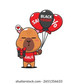 cute capybara with gifts and balloons in black friday sale cartoon vector illustration