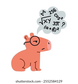 Niedliche capybara in Gläsern mit einer Blase von Mathematik Formeln und Zahlen, Konzept der Schule und Lernen. Trendige moderne Vektorgrafik einzeln auf weißem Hintergrund, handgezeichnet, flaches Design