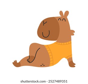 Lindo capibara medio sentado. Divertido animal feliz. Vector a mano alzada plana ilustración aislada