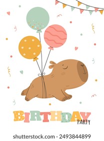 Cute capybara Happy Birthday with balloons