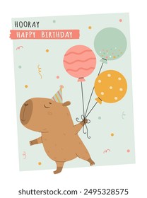 Cute capybara Happy Birthday with balloons