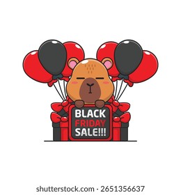 cute capybara happy in black friday sale cartoon vector illustration	