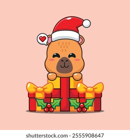 Cute capybara happy with christmas gift. Cartoon vector illustration in Christmas day.