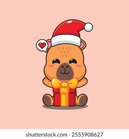 Cute capybara is happy to receive a Christmas gift. Cute christmas cartoon illustration.