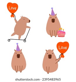 Cute capybara happy valentines day in flat style. Capybara vector illustration for postcard, banner, advertising