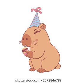 Cute capybara in hat with cake. Vector illustration