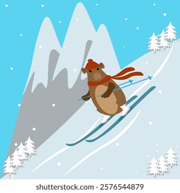 A cute capybara in a hat with a scarf is skiing in the mountains. The concept of Snow Day and Winter Sports