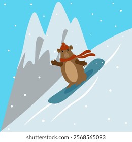 Cute cute capybara in a hat with a scarf snowboarding in the mountains. The concept of Snow and Winter Sports Day