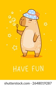 Cute сartoon capybara with hat and soap bubbles on yellow background - funny animal for Your happy summer greeting card design