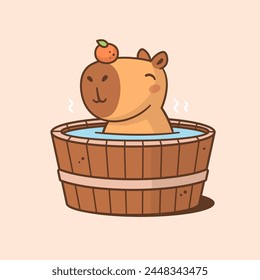 Cute capybara having a bath in hot tub, funny kawaii style cartoon illustration