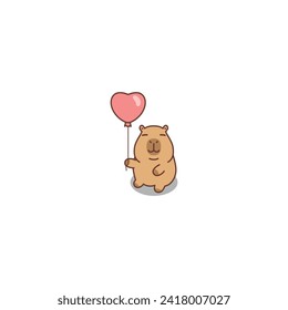 Cute capybara with heart balloon cartoon, vector illustration