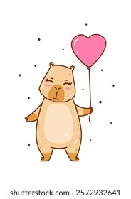 Cute сartoon capybara with heart balloon - funny animal for Your Valentines day design