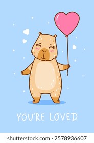 Cute сartoon capybara with heart balloon - funny animal for Your Valentines day design