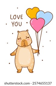 Cute сartoon capybara with heart balloons - funny animal for Your Valentines day design