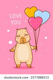 Cute сartoon capybara with heart balloons - funny animal for Your Valentines day design