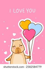 Cute сartoon capybara with heart balloons - funny animal for Your Valentines day design