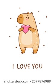 Cute сartoon capybara with heart - funny animal for Your Valentines day design