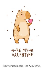 Cute сartoon capybara with heart - funny animal for Your Valentines day design