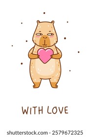 Cute сartoon capybara with heart - funny animal for Your Valentines day design