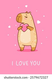 Cute сartoon capybara with heart - funny animal for Your Valentines day design