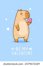 Cute сartoon capybara with heart - funny animal for Your Valentines day design