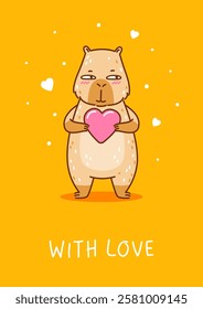 Cute сartoon capybara with heart - funny animal for Your Valentines day design