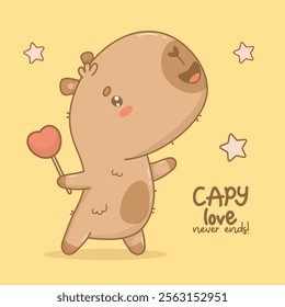 Cute Capybara with heart. Happy cartoon kawaii animal rodent. Vector illustration. Holiday Valentine card with slogan congratulation