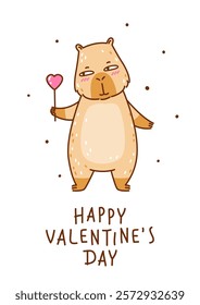 Cute сartoon capybara with heart shaped candy - funny animal for Your Valentines day design