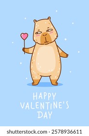 Cute сartoon capybara with heart shaped candy - funny animal for Your Valentines day design