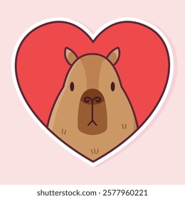 Cute capybara and a heart. Vector sticker.