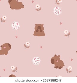 Cute capybara, hearts, flowers and dises. Vector illustration with cute hand drawn animals.