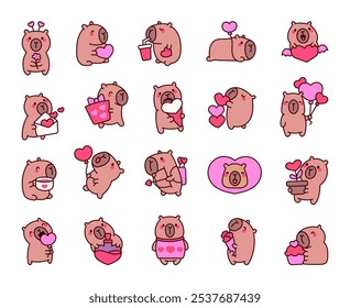 Cute capybara with hearts. Valentines love day. Hand drawn style. Vector drawing. Collection of design elements.