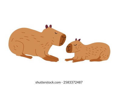 Cute capybara with her baby, motherly love, mother's day, 
South American adorable animal.
Hand drawn Vector illustration.