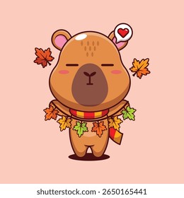 Cute capybara holding autumn leaf decoration in autumn day cartoon vector illustration