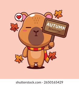 Cute capybara holding autumn sign board in autumn day cartoon vector illustration