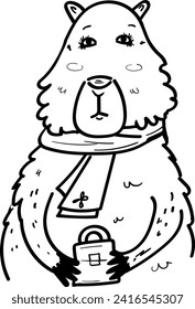 Cute Capybara Holding Bag Black and White Illustration for Coloring