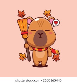 Cute capybara holding broom in autumn day cartoon vector illustration