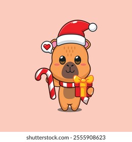 Cute capybara holding christmas candy and gift. Cartoon vector illustration in Christmas day.