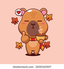 Cute capybara holding holding a cup of coffee in autumn day cartoon vector illustration