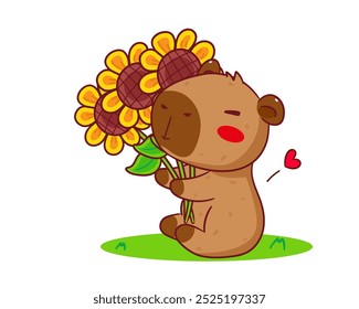 Cute Capybara holding flower Cartoon Vector. Adorable and Kawaii Animal Concept Design. Hand drawn style. Icon Mascot Logo Illustration. Isolated White Background.