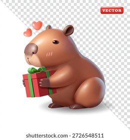 Capivara bonito segurando uma caixa de presente, vetor 3D. Adequado para elementos de design