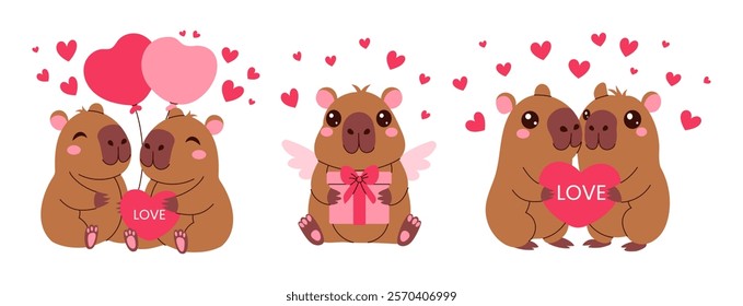 Cute capybara holding a heart and a balloon. The animals are hugging each other and one of them is holding a gift. Concept of love and affection