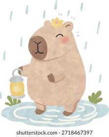 Lindo capibara sosteniendo la linterna en el día de lluvia ilustración de acuarela