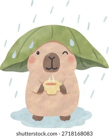 Lindo capibara sosteniendo el paraguas de la hoja en la lluvia