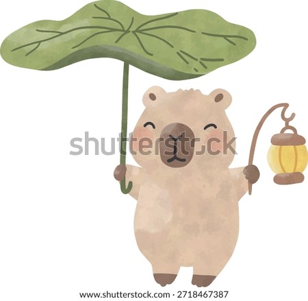Cute Capybara Holding Leaf Umbrella and Lantern in Rain