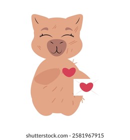 Cute capybara holding a love letter with heart symbols. Perfect for Valentine's Day, romantic greetings, love messages, and friendship illustrations. Ideal for cards, stickers