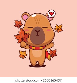 Cute capybara holding maple leaf in autumn cartoon vector illustration