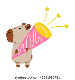 Cute capybara holding party popper. For celebration-themed designs, birthday cards, festive invitations, social media posts, or playful decoration projects. Vector illustration