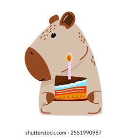 Cute capybara holding piece of cake with lit candle is ideal for birthday cards, invitations, party decorations, gift tags, or digital stickers. Vector illustration